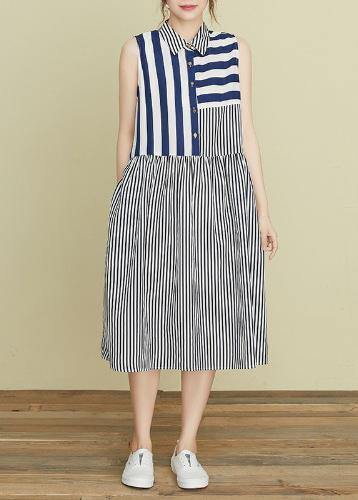 Beautiful lapel atchwork cotton dresses Outfits striped Robe Dress - SooLinen