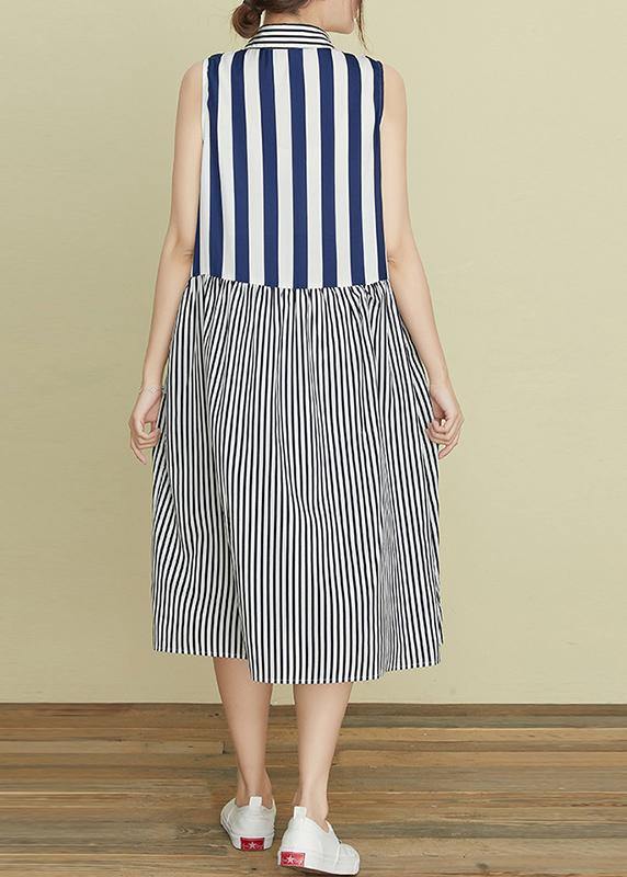 Beautiful lapel atchwork cotton dresses Outfits striped Robe Dress - SooLinen