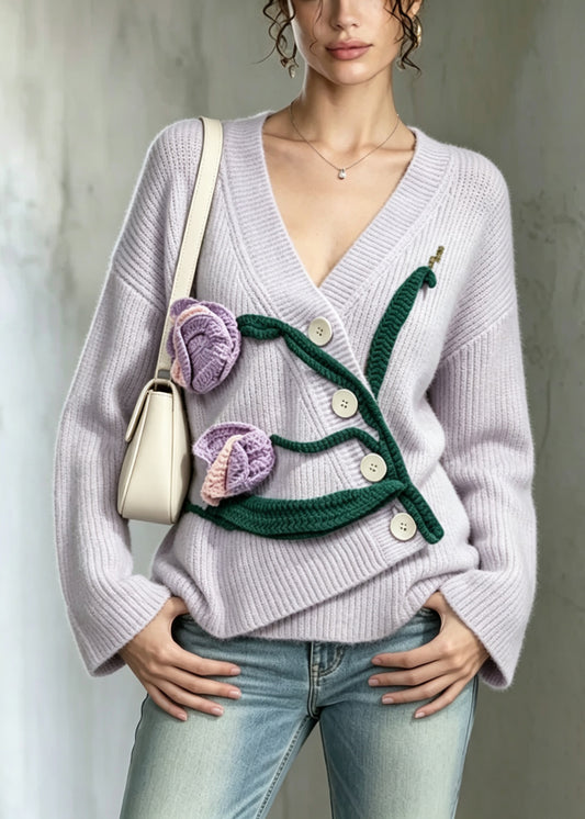 Beautiful light Purple V Neck Sculptural Tulip Knit Cardigans Fall