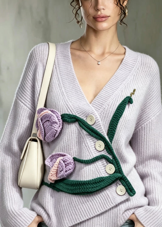 Beautiful light Purple V Neck Sculptural Tulip Knit Cardigans Fall