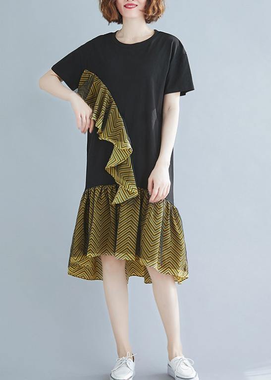 Beautiful o neck Ruffles Cotton summer clothes For Women black Dresses - SooLinen