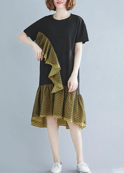 Beautiful o neck Ruffles Cotton summer clothes For Women black Dresses - SooLinen