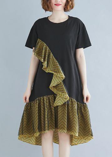 Beautiful o neck Ruffles Cotton summer clothes For Women black Dresses - SooLinen