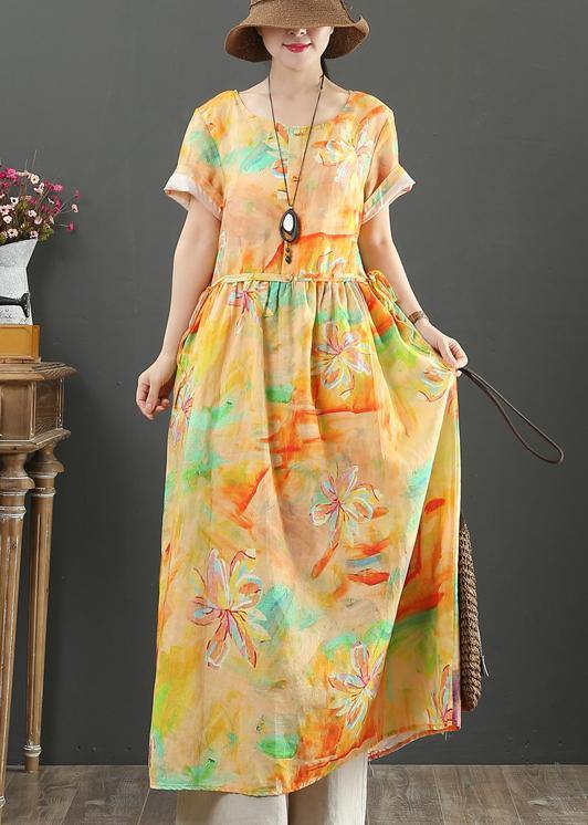 Beautiful o neck drawstring cotton linen summer clothes purple print Dress - SooLinen