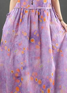 Beautiful o neck drawstring cotton linen summer clothes purple print Dress - SooLinen