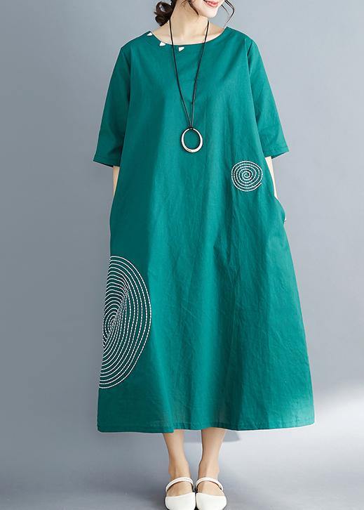 Beautiful o neck embroidery cotton dress plus size pattern green Dress Summer - SooLinen
