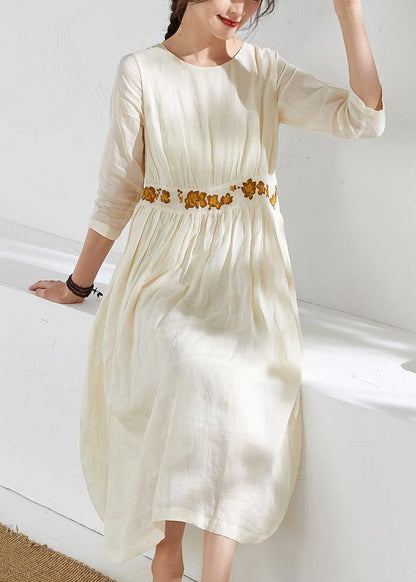 Beautiful o neck embroidery linen summer clothes Sewing beige Dresses - SooLinen