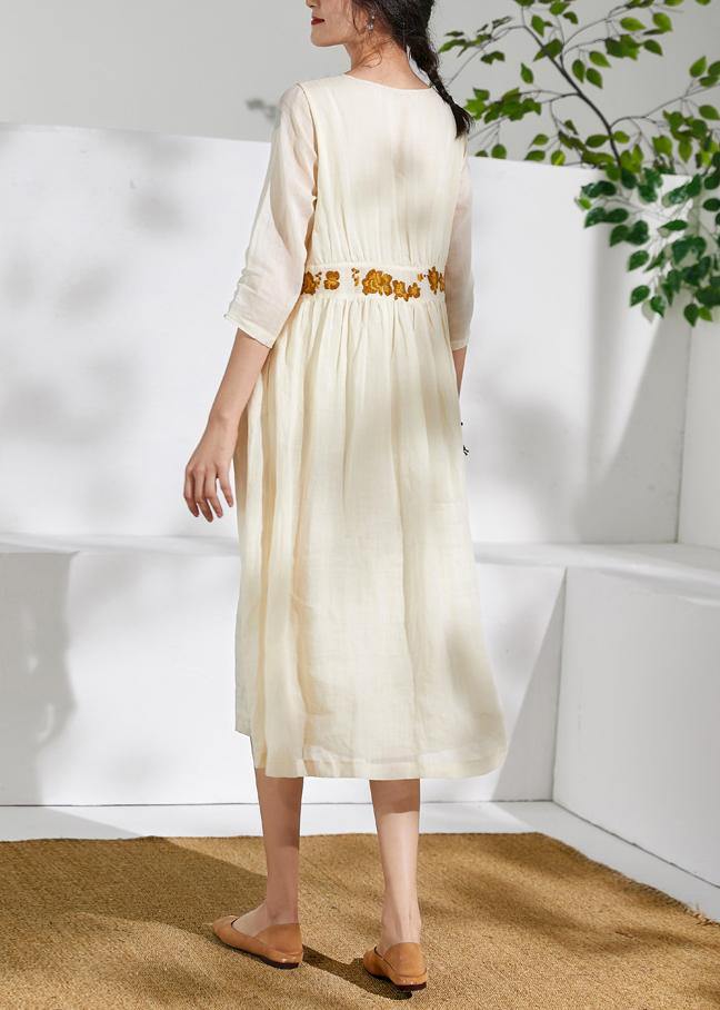 Beautiful o neck embroidery linen summer clothes Sewing beige Dresses - SooLinen
