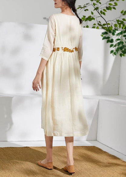 Beautiful o neck embroidery linen summer clothes Sewing beige Dresses - SooLinen