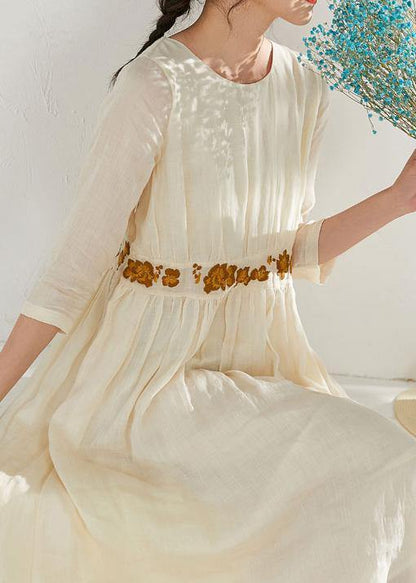 Beautiful o neck embroidery linen summer clothes Sewing beige Dresses - SooLinen