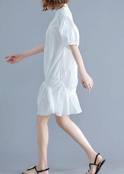 Beautiful o neck lantern sleeve Cotton pattern white Dresses - SooLinen