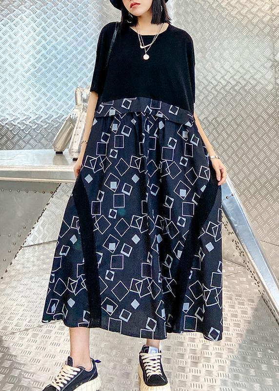 Beautiful o neck patchwork summer dress black print long Dress - SooLinen