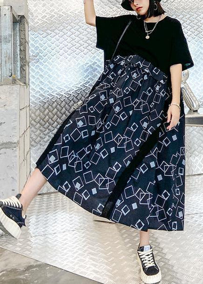 Beautiful o neck patchwork summer dress black print long Dress - SooLinen