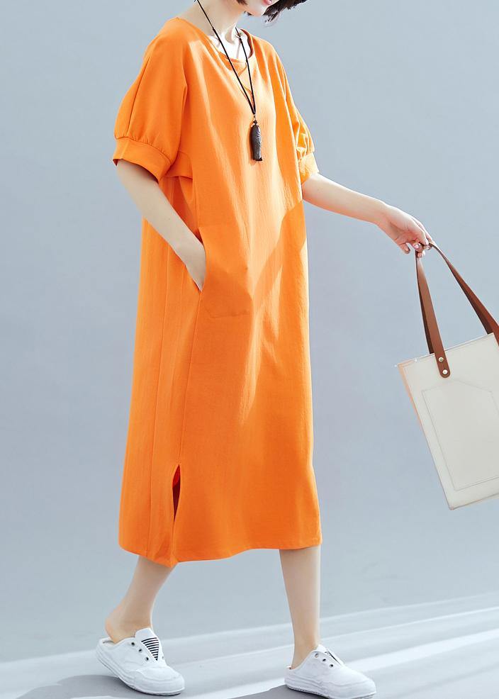Beautiful orange cotton quilting clothes o neck side open A Line summer Dresses - SooLinen