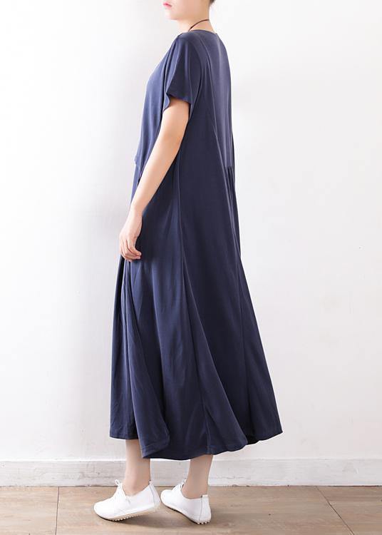 Beautiful patchwork exra large hem silk clothes Fitted Neckline dull blue Maxi Dresses Summer - SooLinen
