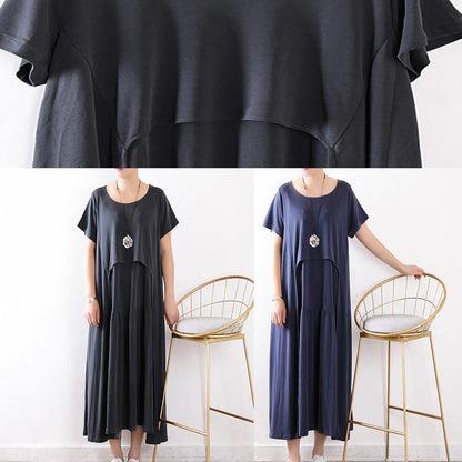 Beautiful patchwork exra large hem silk clothes Fitted Neckline dull blue Maxi Dresses Summer - SooLinen