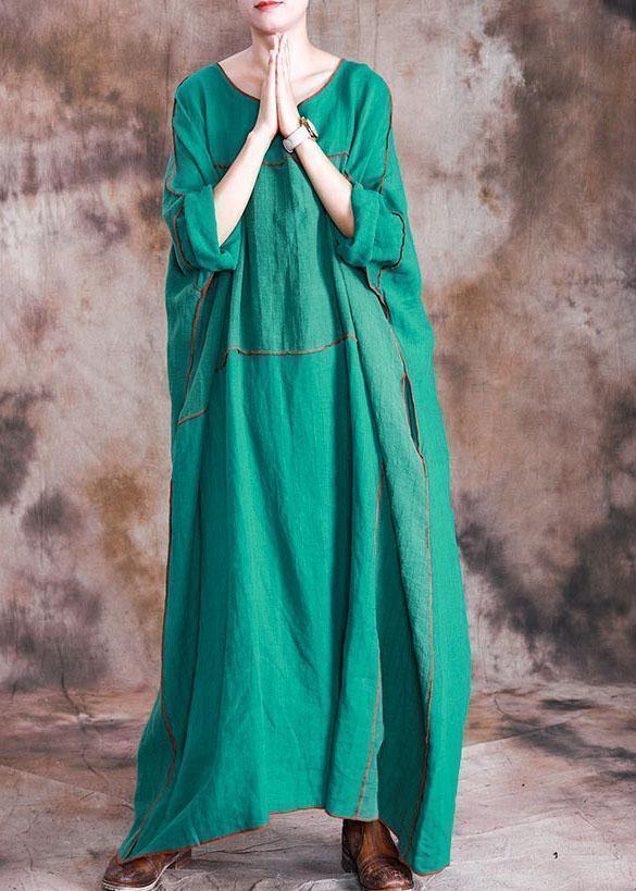 Beautiful patchwork linen dresses Shirts green Batwing Sleeve Dresses fall - SooLinen