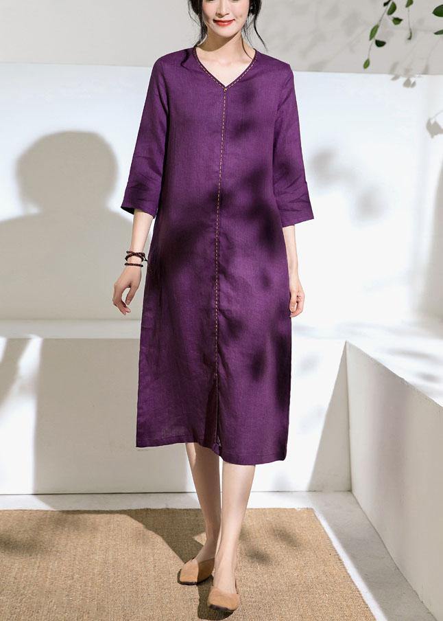 Beautiful purple linen Robes v neck tie waist Dress - SooLinen