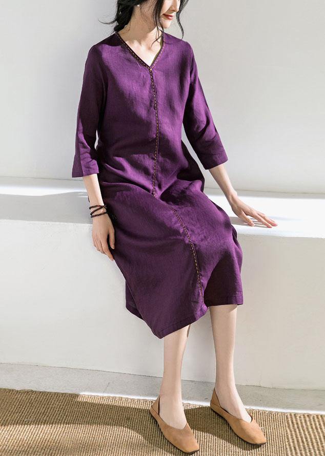 Beautiful purple linen Robes v neck tie waist Dress - SooLinen