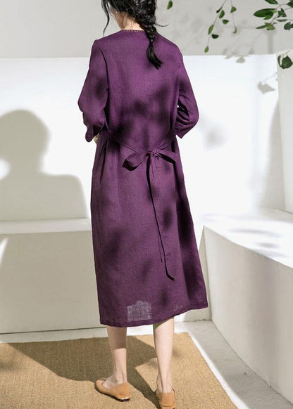 Beautiful purple linen Robes v neck tie waist Dress - SooLinen