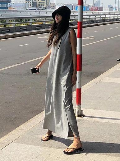 Beautiful sleeveless side open cotton summer Tunics gray Maxi Dress - SooLinen