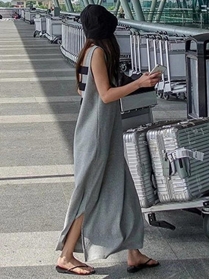 Beautiful sleeveless side open cotton summer Tunics gray Maxi Dress - SooLinen