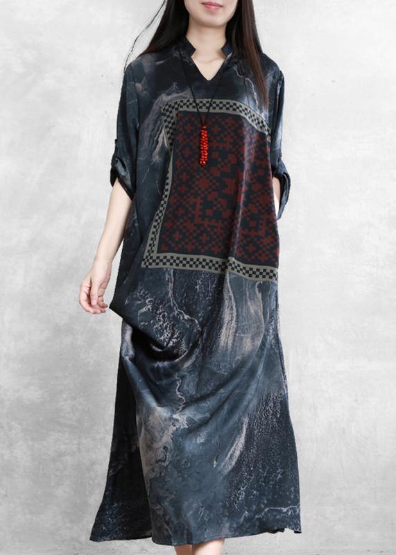 Beautiful v neck asymmetric clothes dark gray print Dresses - SooLinen