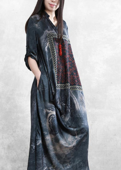 Beautiful v neck asymmetric clothes dark gray print Dresses - SooLinen
