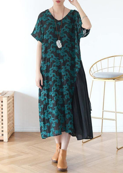 Beautiful v neck pockets tunic top design green print A Line Dresses - SooLinen