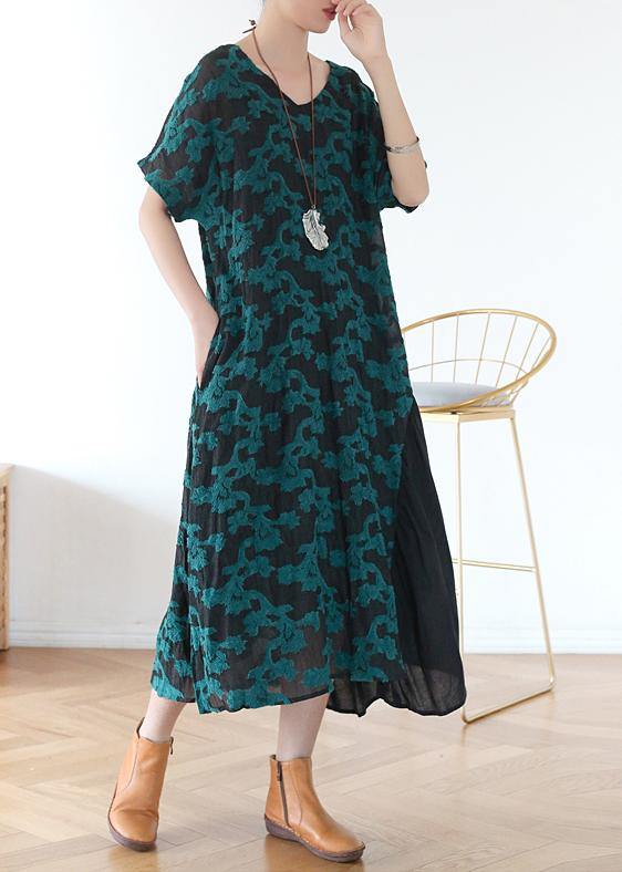 Beautiful v neck pockets tunic top design green print A Line Dresses - SooLinen