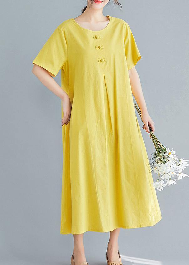 Beautiful yellow solid color cotton tunics for women o neck long summer Dress - SooLinen