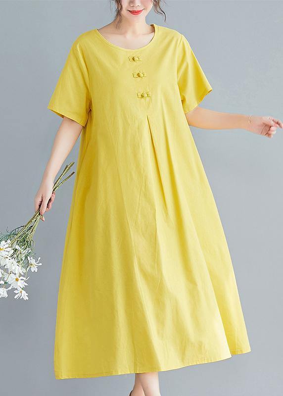 Beautiful yellow solid color cotton tunics for women o neck long summer Dress - SooLinen