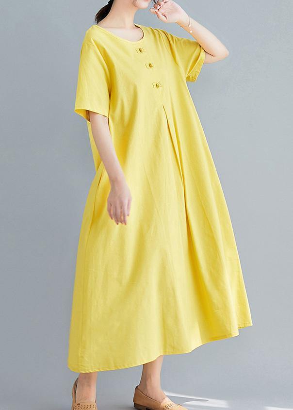 Beautiful yellow solid color cotton tunics for women o neck long summer Dress - SooLinen