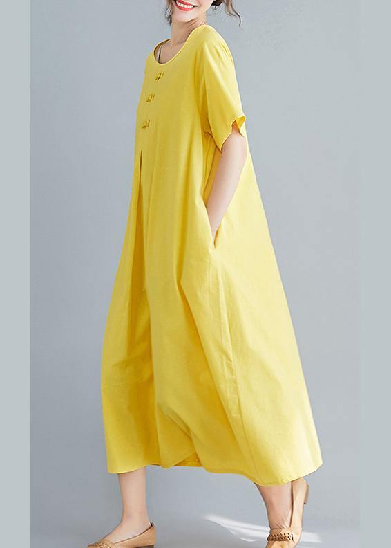 Beautiful yellow solid color cotton tunics for women o neck long summer Dress - SooLinen