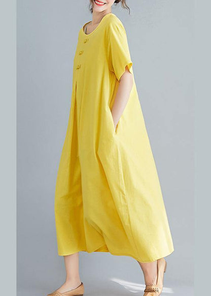 Beautiful yellow solid color cotton tunics for women o neck long summer Dress - SooLinen