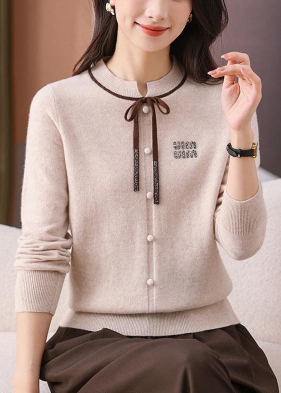 Beige Bow Solid Cozy Woolen Winter Sweater O Neck