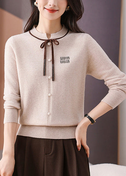 Beige Bow Solid Cozy Woolen Winter Sweater O Neck
