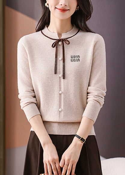 Beige Bow Solid Cozy Woolen Winter Sweater O Neck