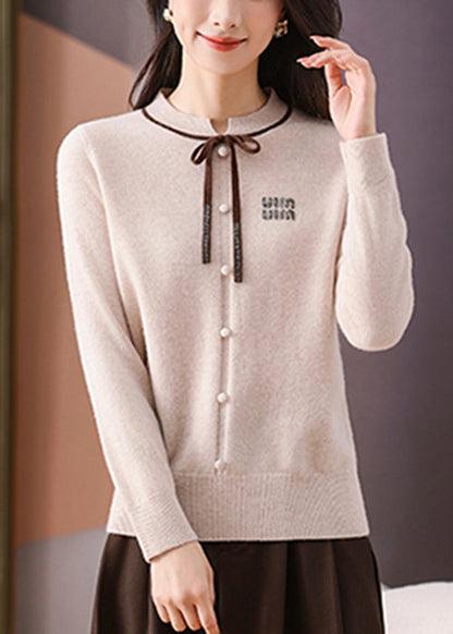 Beige Bow Solid Cozy Woolen Winter Sweater O Neck