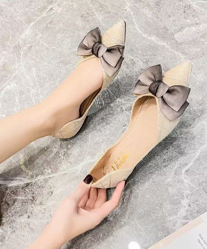 Beige Bow Women Splicing Flat Feet Shoes Pointed Toe