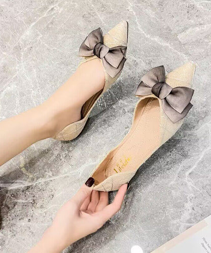 Beige Bow Women Splicing Flat Feet Shoes Pointed Toe