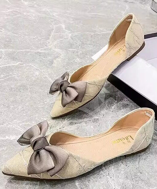 Beige Bow Women Splicing Flat Feet Shoes Pointed Toe