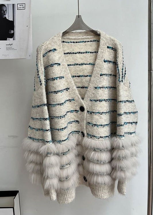 Beige Button Fluffy Patchwork Winter Knit Cardigan V Neck