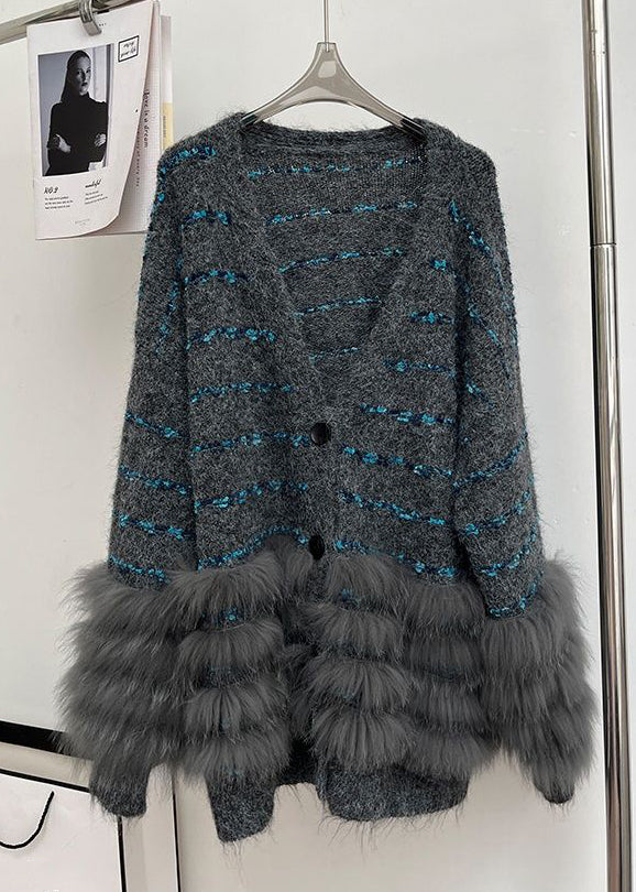 Beige Button Fluffy Patchwork Winter Knit Cardigan V Neck