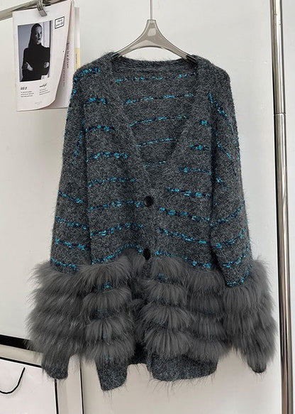 Beige Button Fluffy Patchwork Winter Knit Cardigan V Neck