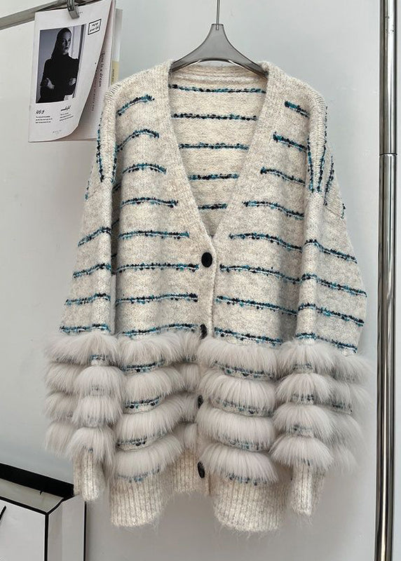 Beige Button Fluffy Patchwork Winter Knit Cardigan V Neck