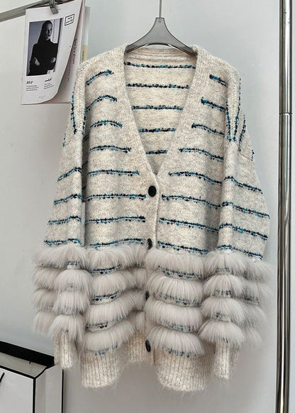 Beige Button Fluffy Patchwork Winter Knit Cardigan V Neck