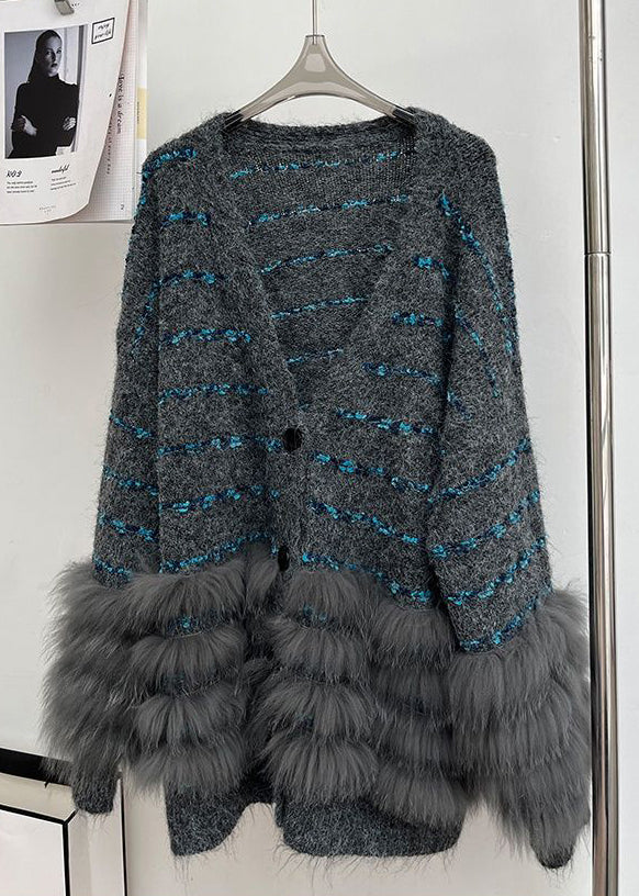 Beige Button Fluffy Patchwork Winter Knit Cardigan V Neck