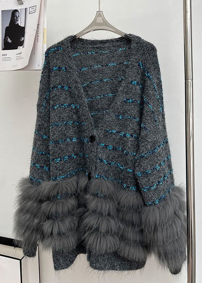 Beige Button Fluffy Patchwork Winter Knit Cardigan V Neck