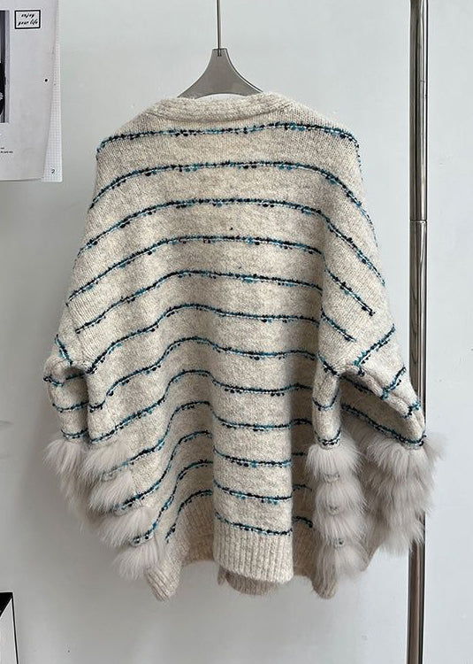 Beige Button Fluffy Patchwork Winter Knit Cardigan V Neck